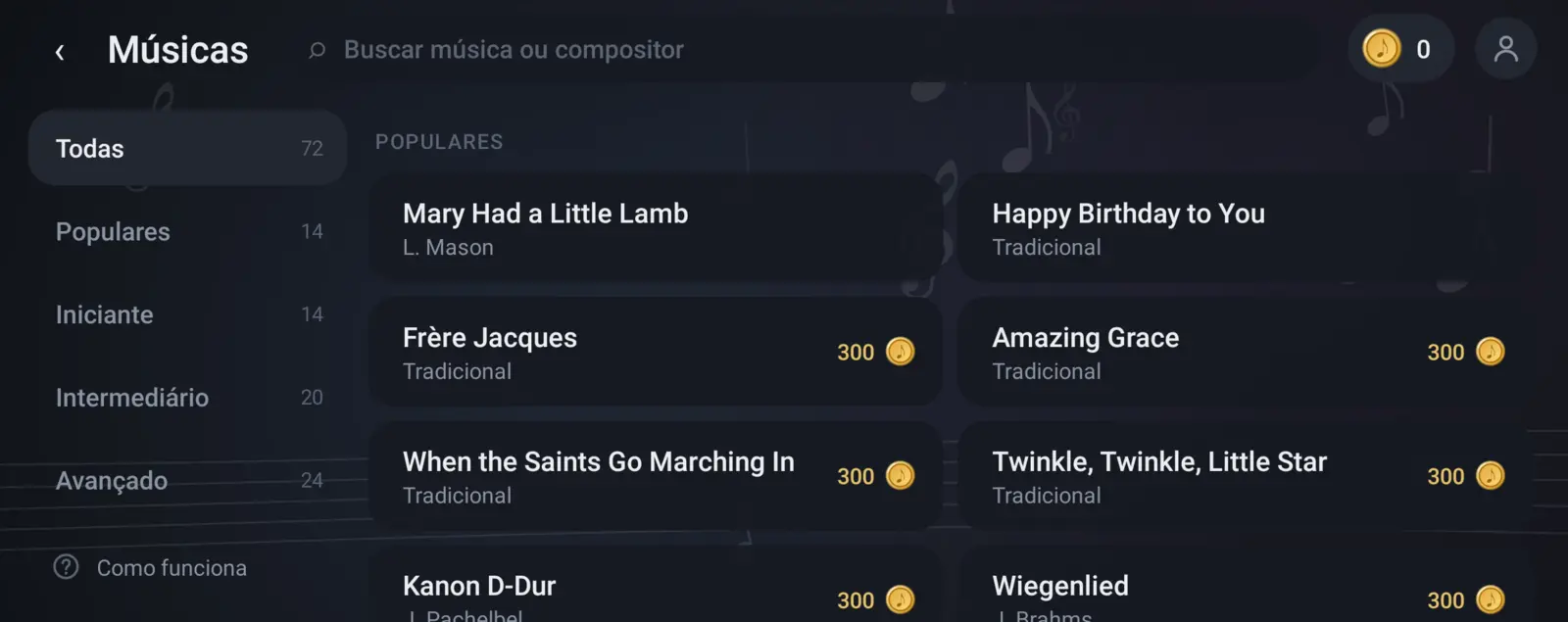 Lista de músicas do Pianzo, separadas em populares, iniciante, intermediário e avançado